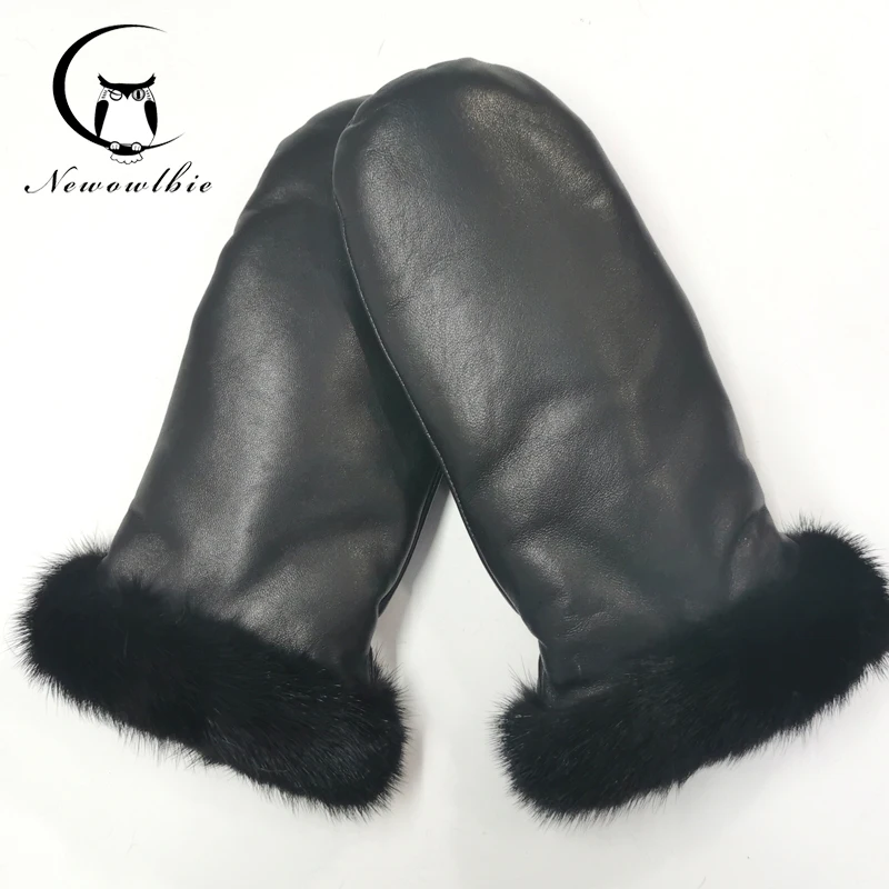 Top Trends: Women&#039;s Leather Heavy Cotton Gloves 100% Mink Cuffs Sheepskin Winter Femme Full Finger Mitten Driving Windproof Real Fur Gloves Shoppable Styles