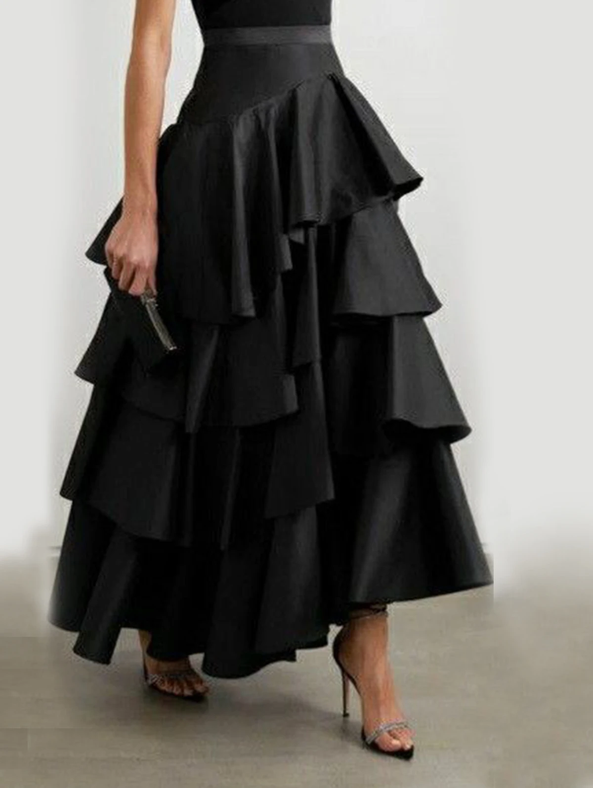 Top Trends: Women&#039;s High Waist Layered Ruffle Maxi Cake Skirt Elegant Party Wedding Guest Y2K Solid Vintage Black Solid A Line Skirts Shoppable Styles