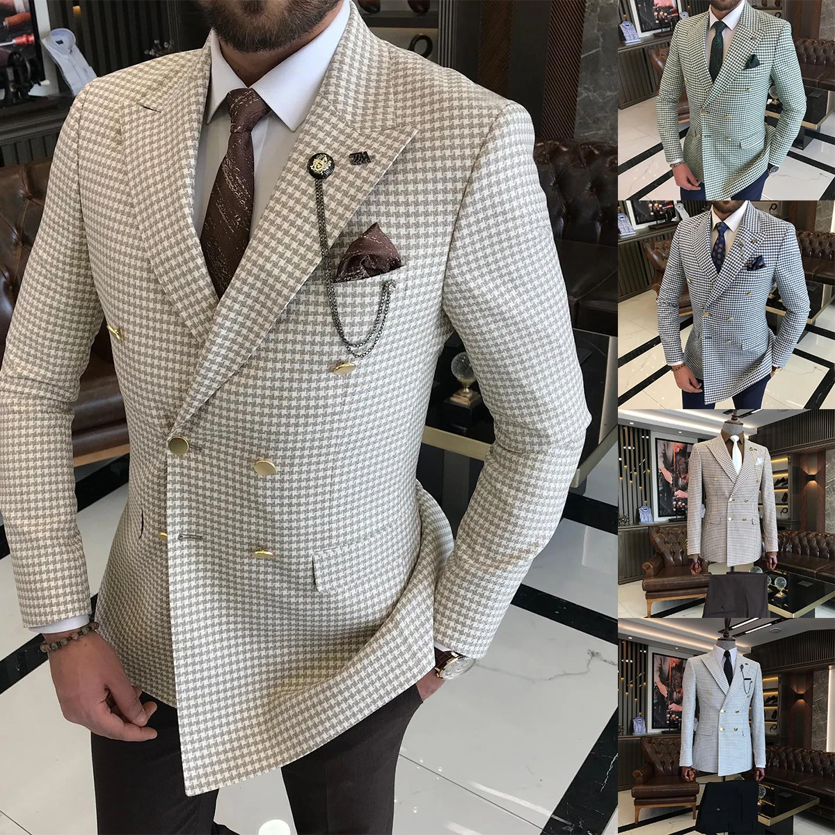 Top Trends: Houndstooth Men Suits Double Breasted Jacket Slim Fit Wedding Groom Wear Business Blazer Formal Tuxedos Only Coat Customize Shoppable Styles