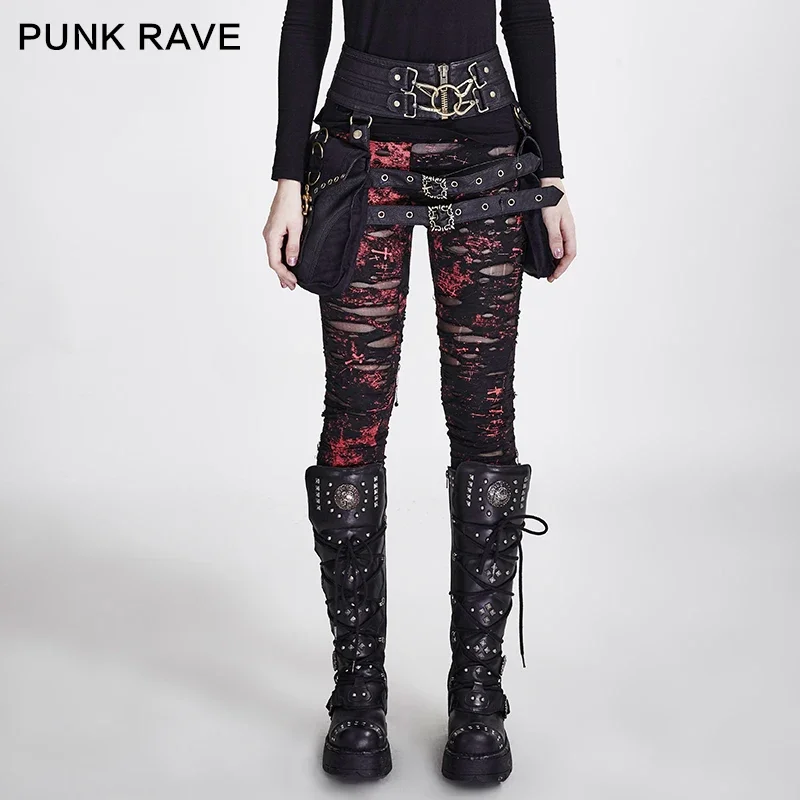 Top Trends: PUNK RAVE Gothic Women Broken Mesh Leggings High Elastic Holes Crocheted Breathable Ripped Pants Black Red Steampunk Charm Sexy Shoppable Styles