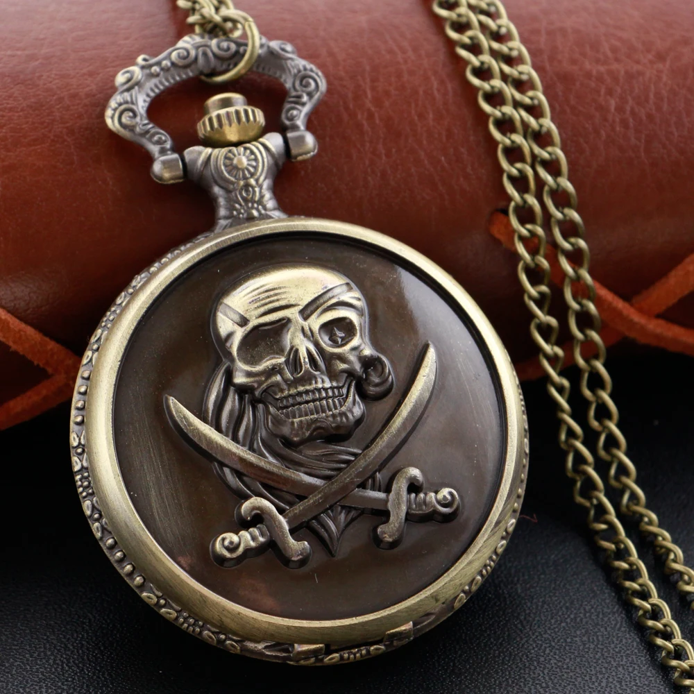 Top Trends: Classic Brown Pirate Skull Pocket Watch Vintage Steampunk Quartz Pocket Watch With Chain Men And Women's Birthday Gift Shoppable Styles