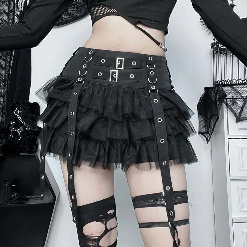 Top Trends: Goth Dark Ruffles Mall Gothic Mesh Splice Mini Skirts Grunge Aesthetic Harajuku Buckle A-line Skirt Punk High Waist Alt Bottoms Shoppable Styles