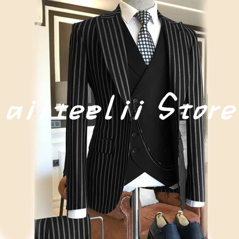 Top Trends: Men's Suit 3 Piece Striped Blazer Pants Vest Formal Wedding Tuxedo Homme Jacket Business Suits Conjuntos De Chaqueta Shoppable Styles