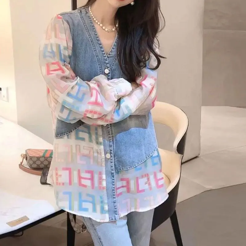 Top Trends: Korean Printed Fashion Denim Patchwork Shirt Women's Clothing Single-breasted Casual V-Neck Spring Autumn Asymmetrical Blouse Shoppable Styles