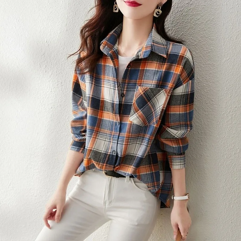 Top Trends: 2023 Spring Autumn New Korean Vintage Long Sleeve Plaid Blouses Fashion Pockets Turn-down Collar Casual Ladies Buttons Shirt Shoppable Styles