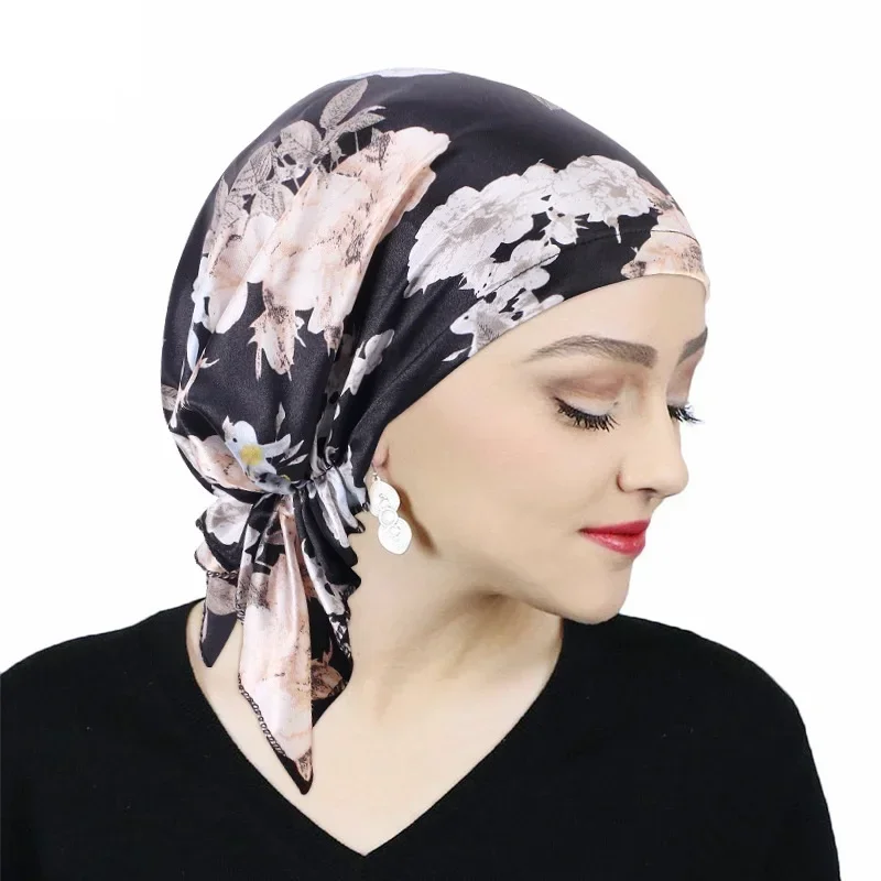 Top Trends: Print Satin Women Bandana Headband White Floral Muslim Hijab Scarf Hair Tie Hat Elastic Headband Turban Flower Bonnet Hijab Shoppable Styles