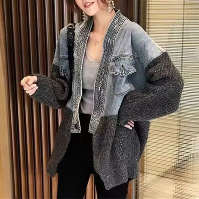 Top Trends: Stylish Knitted Patchwork Denim Jackets Spring Autumn New Casual Long Sleeve Female Clothing Commute Korean Pockets Button Coats Shoppable Styles