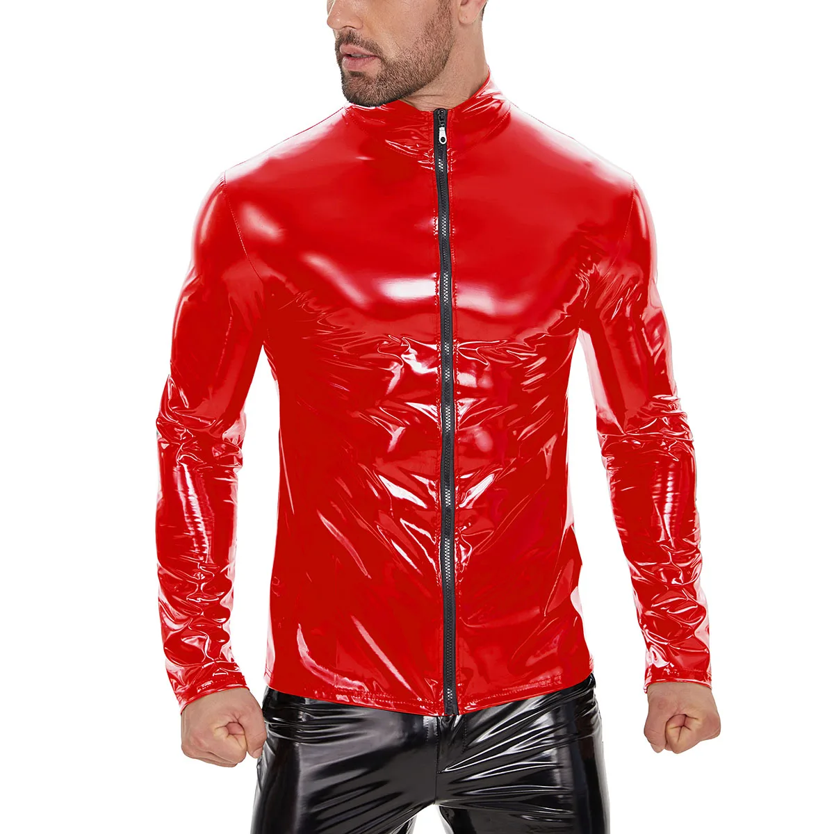 Top Trends: Plus Size Mens Shiny Leather Shirt Long Sleeve Full Zippper Glossy PVC Leather Tops Male Wetlook Latex Shaping Casual Coat Sexi Shoppable Styles - Image 2