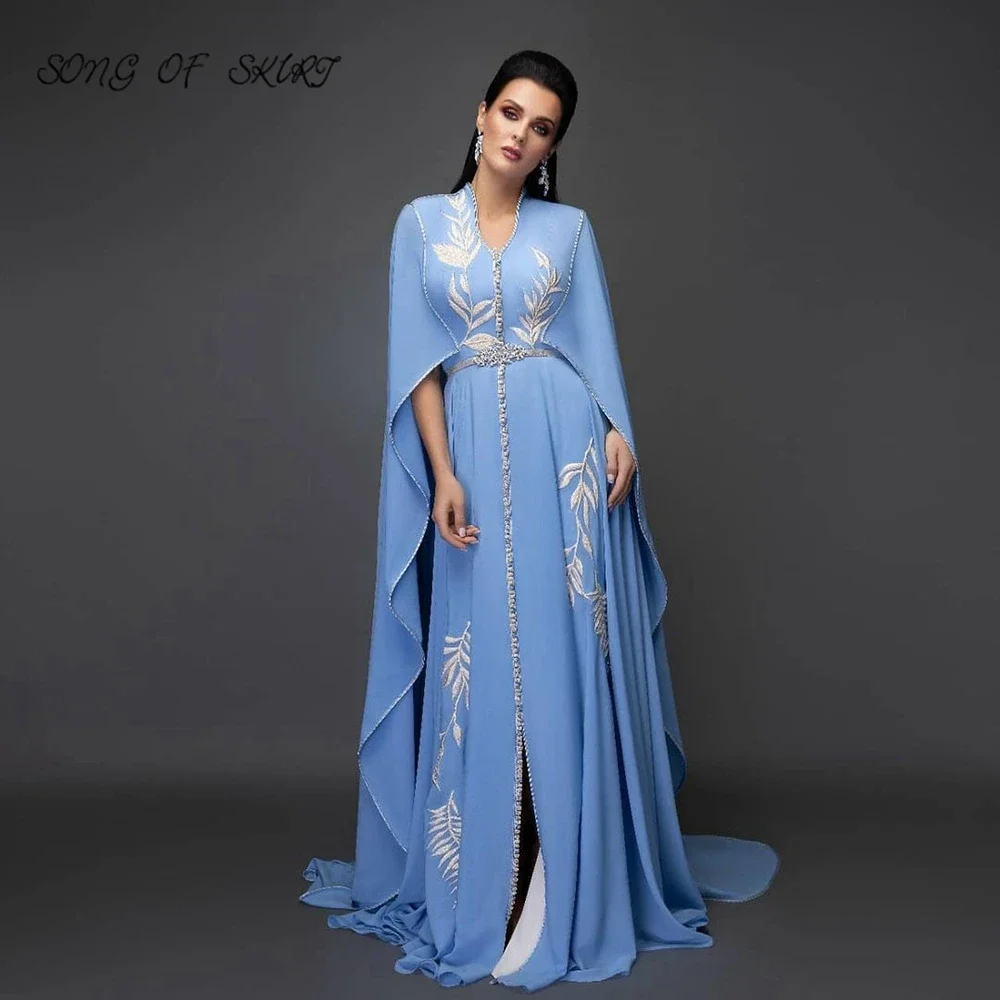 Top Trends: Elegant V-neck Sky Blue Evening Dresses Split Long Muslim Women Special Occasion Gown Moroccan Dubai Kaftan Party Shoppable Styles