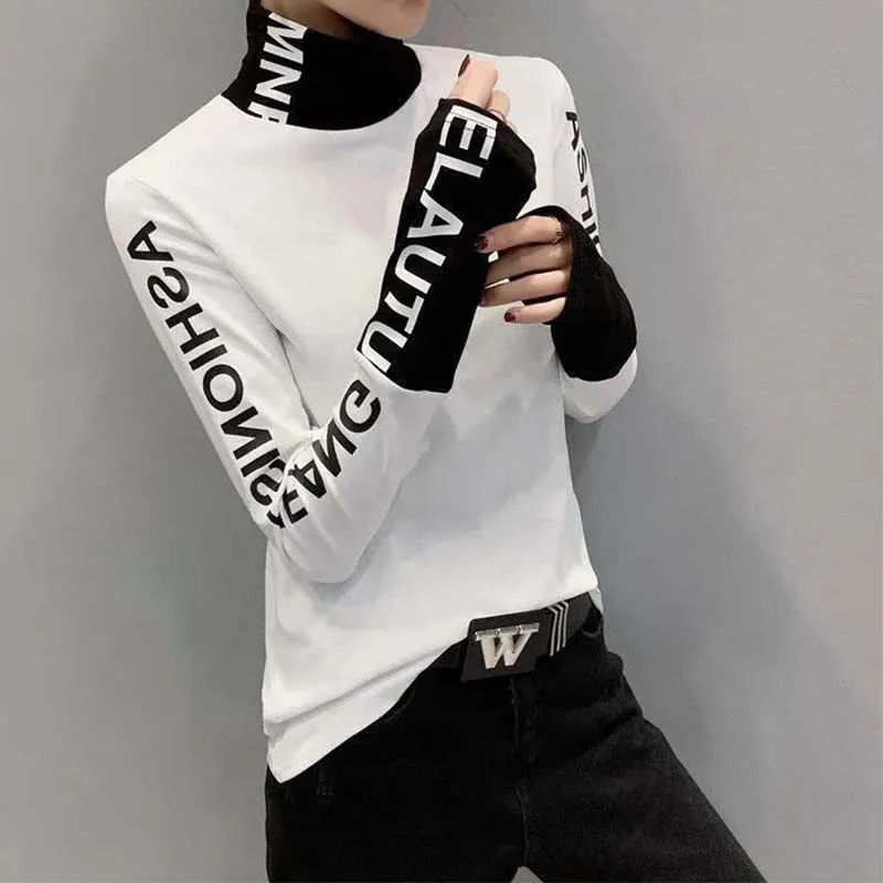 Top Trends: Winter Korean Women's New Long Sleeve Soft Top Tee Elegant Casual Slim Pullover Turtleneck Comfortable All-match Warm Letter Top Shoppable Styles - Image 5