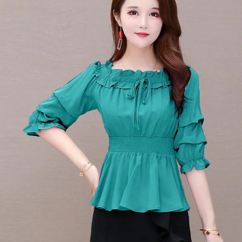 Top Trends: Elegant Spliced Ruffles Shirring Lace Up Bow Blouse Women&#039;s Clothing 2023 Summer New Casual Pullovers Loose Slash Neck Shirt Shoppable Styles