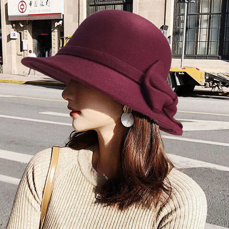 Top Trends: Women Bow-knot Hat Korean Woolen Felt Fedoras Ladies Vintage Elegant Bucket Cap Warm Autumn Spring Panama Hat Bowknot Girls Shoppable Styles