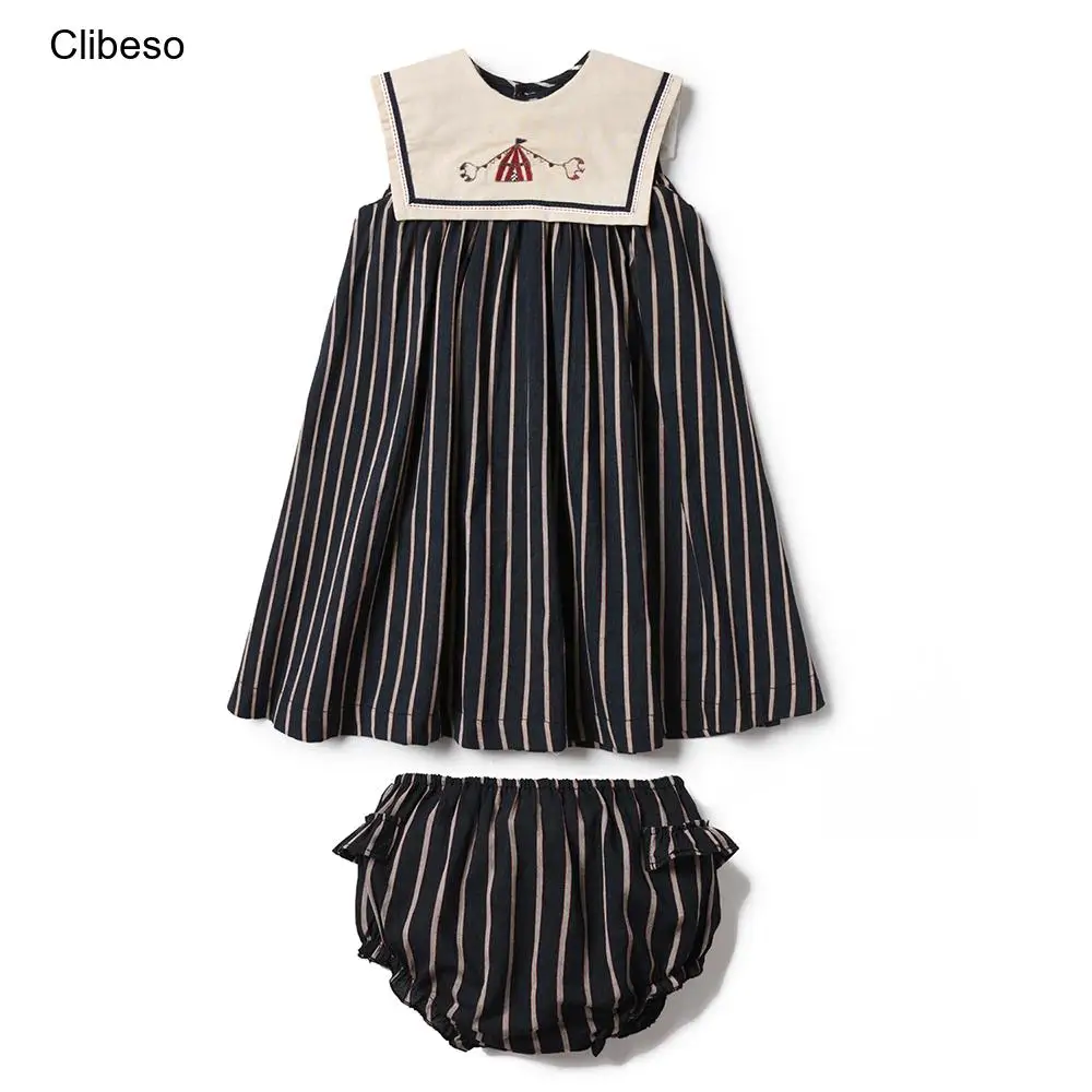 Top Trends: 2024 Summer Dresses Set For Girls Kids Hand Made Embroidery Sleeveless Stripes Print Dress With Bloomers Children Clothes Outfit Shoppable Styles