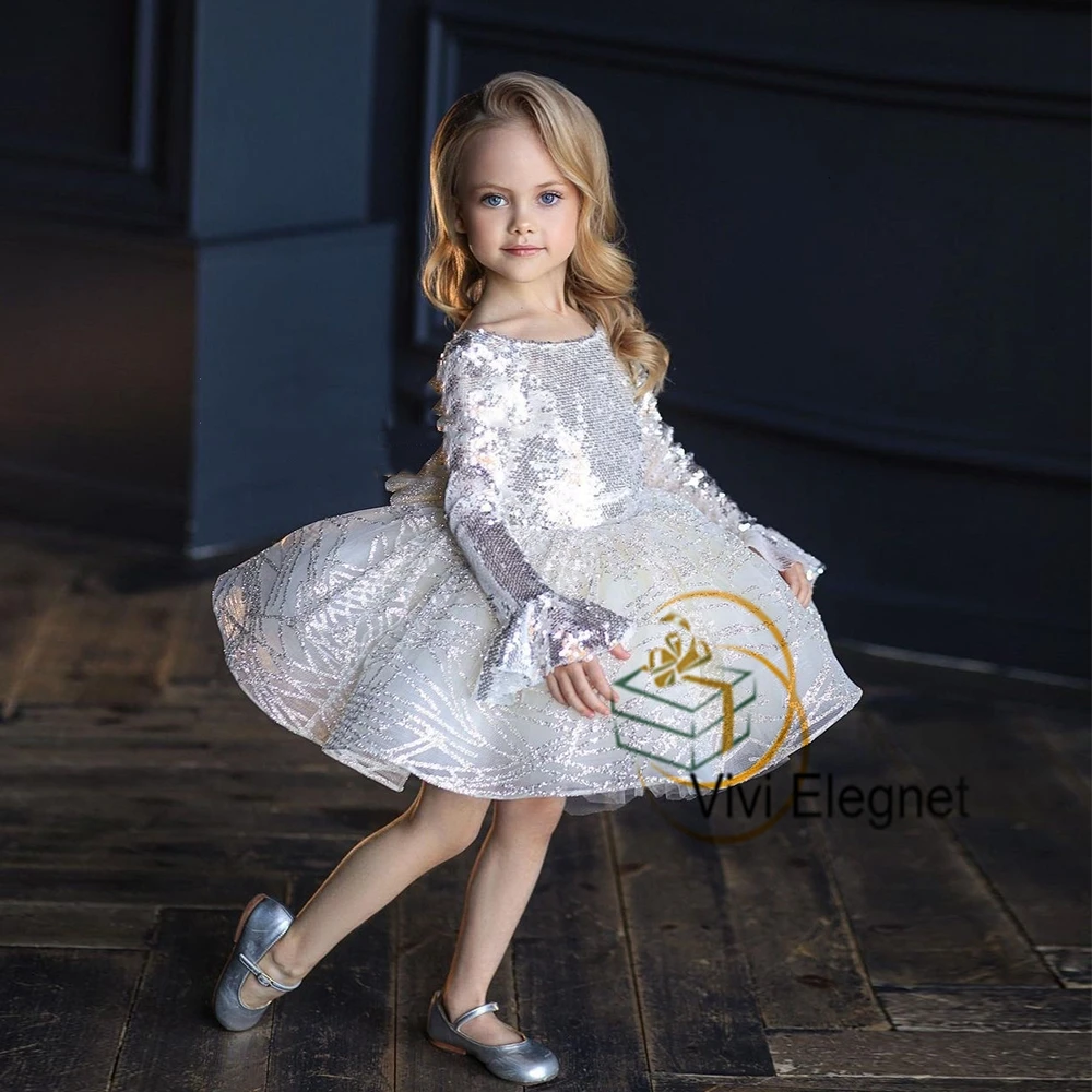 Top Trends: White Full Sleeve Flower Girls Dresses With Sequined Tutu Wedding Party Dresses Knee Length Full Sleeve فلور فتاة اللباس Shoppable Styles