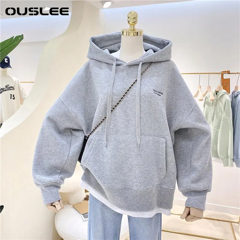 Top Trends: OUSLEE Hoodies Women Sweatshirts Autumn Winter Warm Thick Splicing Fake Two Piece Korean Simple Pocket Top Loose Pullover Hoodie Shoppable Styles