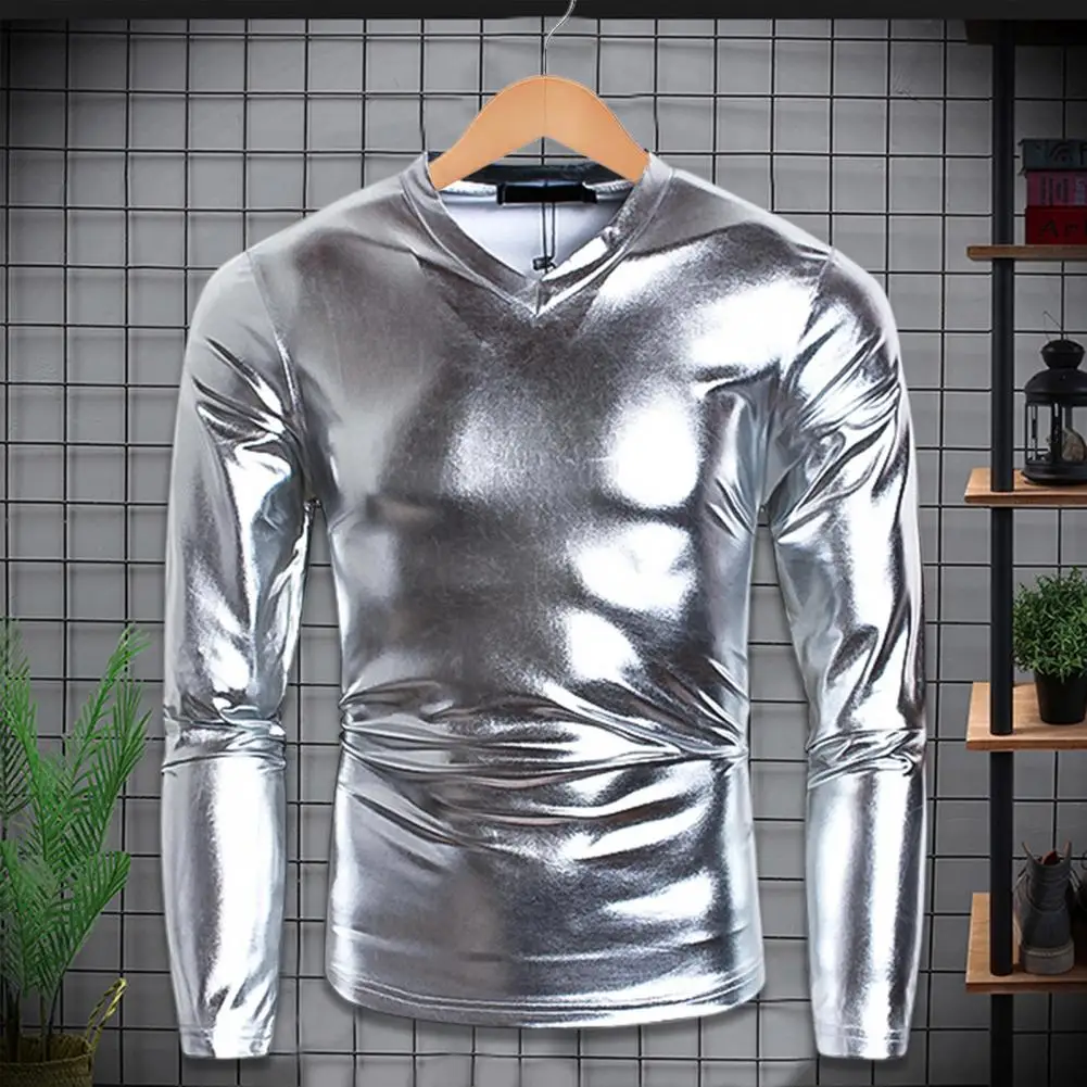 Top Trends: Men T-shirt Glossy Appearance Solid Color Long Sleeve Top V Neck Slim Fit T-shirt Nightclub Party Performance Costumes Shoppable Styles