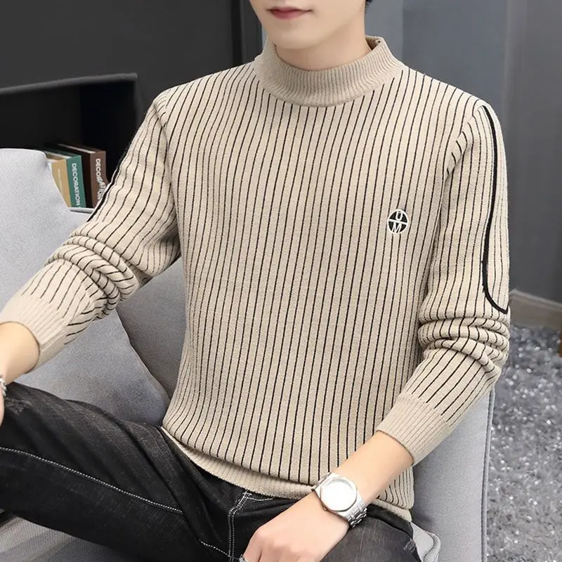 Top Trends: Fashion Stand Collar Spliced Embroidery Striped Sweaters Men's Clothing 2023 Winter Loose Knitted Casual Pullovers Korean Tops Shoppable Styles