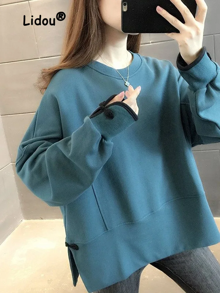 Top Trends: Autumn New Fashion Solid Color Loose Sweatshirts Classic Long Sleeve Personality Split Fork All-match O-collar Lady Top 2022 Shoppable Styles