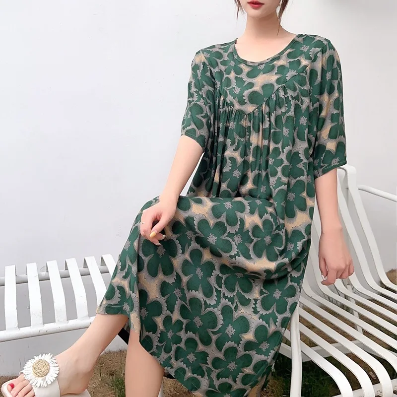 Top Trends: 2023 Summer New Nightdress Loose Plus Size Homewear Cotton Round Neck Printed Pajamas Dress Can Be Worn Outside Pijamas Women Shoppable Styles