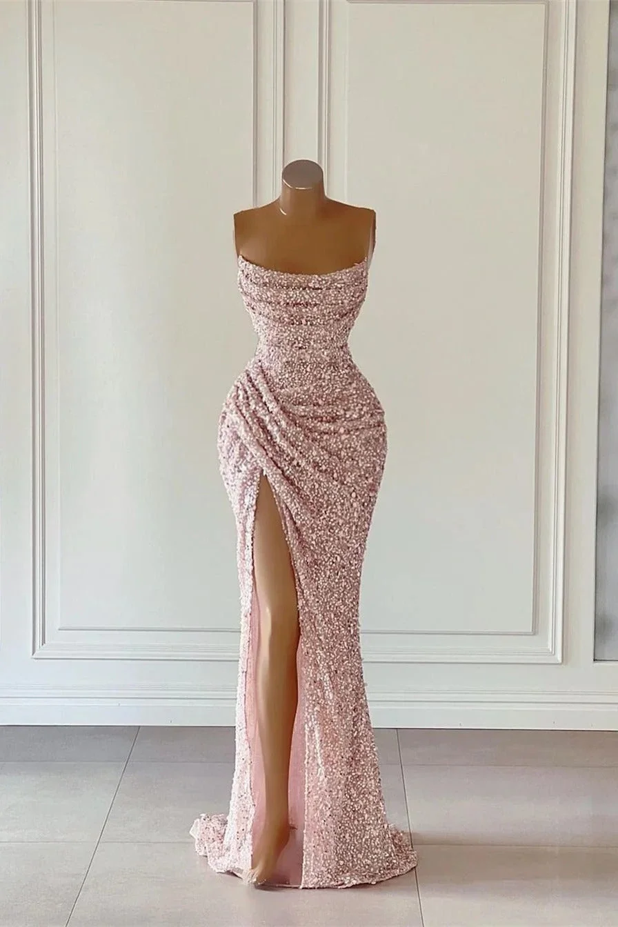 Top Trends: Dream Evening Dress 2023 Sexy Sleeveless Pleated Pink Evening Gowns Mermaid Side Split Sequins Prom Formal Occasion Dresses Shoppable Styles