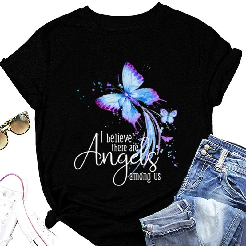 Top Trends: I Believe Angels Butterfly Print Women T Shirt Short Sleeve O Neck Loose Women Tshirt Ladies Tee Shirt Tops Camisetas Mujer Shoppable Styles