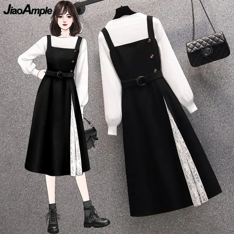 Top Trends: Women&#039;s Spring Autumn White Sweater Overall Dress Two Piece Set Lady Casual Simple Joker Knit Tops Lace Split Tank Dress Outfits Shoppable Styles