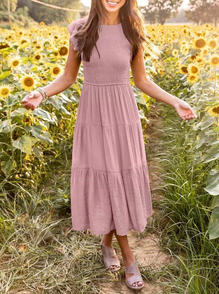 Top Trends: 2023 Summer Fashion Casual Pleated A Line Women&#039;s Dress Fashion Elegant Chic Solid O-neck Flying Sleeve Long Dresses For Women Shoppable Styles