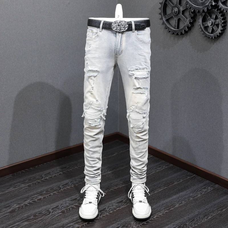 Top Trends: Street Fashion Men Jeans Retro Light Blue Elastic Stretch Skinny Ripped Jeans Men Wrinkle Patched Designer Hip Hop Brand Pants Shoppable Styles