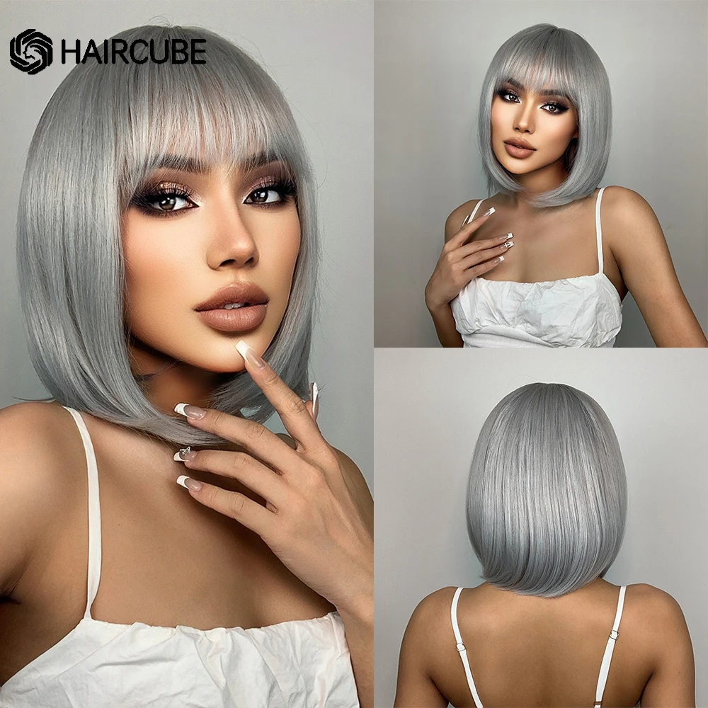 Top Trends: Short Straight Bob Hairstyle Hair Wigs With Bangs Heat Resistant Synthetic Wigs For Women Silver Gray Cosplay Natural Wigs Shoppable Styles