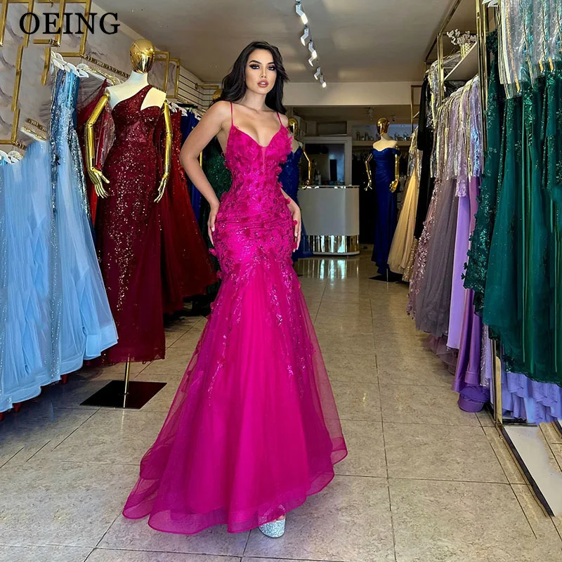 Top Trends: OEING Fuchsia Prom Dresses Elegant Spaghetti Strap Tulle Tiered V-Neck Evening Dress Special Occasion Gown Vestidos De Gala Shoppable Styles