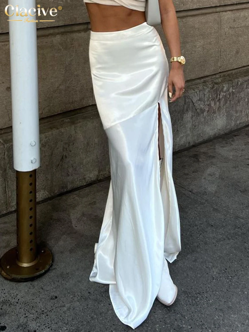 Top Trends: Clacive Sexy Loose White Satin Skirts For Women 2024 Fashion High Waist Long Skirt Elegant Chic Slit Skirt Female Clothing Shoppable Styles