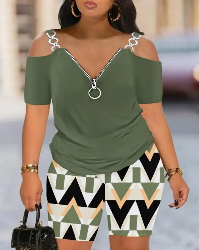 Top Trends: Two Piece Sets Womens Outifits 2023 Summer Fashion Cold Shoulder Chain Decor Short Sleeve Top &amp; Casual Geo Print Shorts Set Shoppable Styles