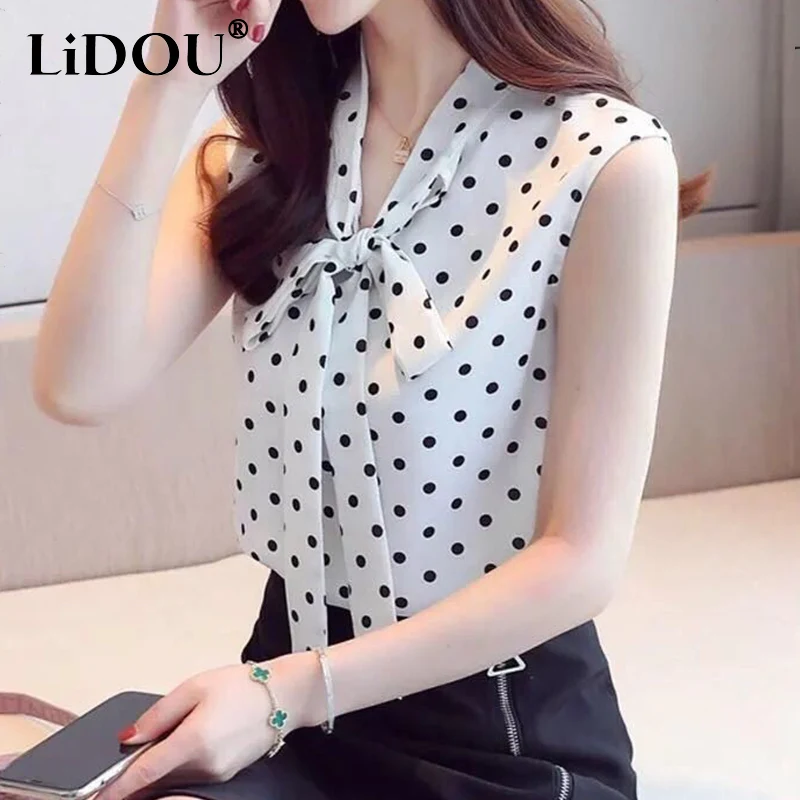 Top Trends: 2022 New Summer Office Lady Elegant Fashion Polka Dot Print Bow Lace Up Loose Chiffon Tank Top Shirt Sleeveless Casual Blouses Shoppable Styles