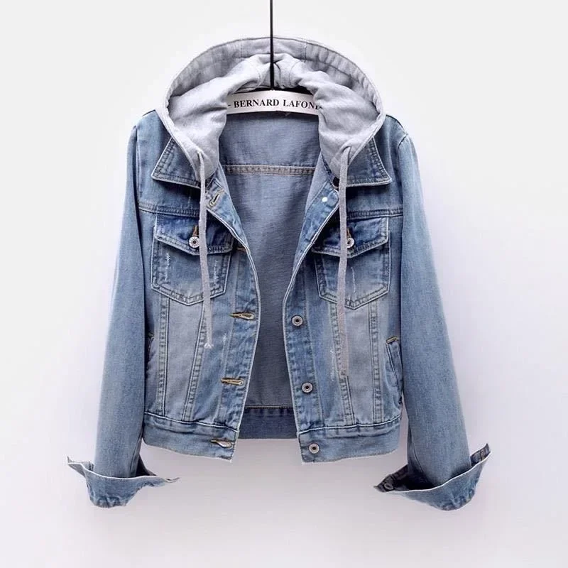 Top Trends: Blue Denim Coat Women Hooded Turn-down Collar Denim Jacket Women Slim Button Jacket Patchwork Outwear Jean Coat Female Shoppable Styles