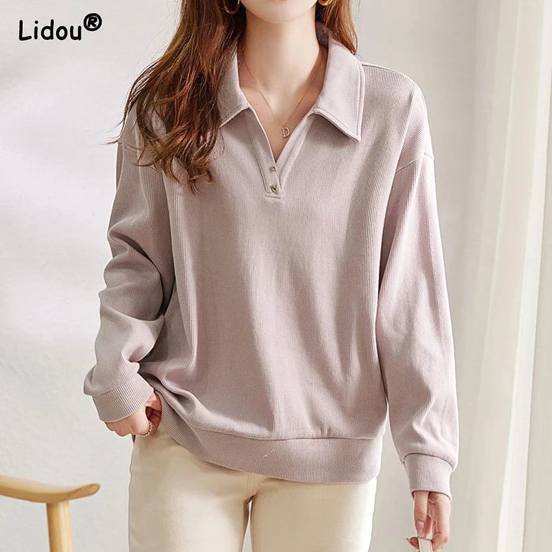 Top Trends: 2023 New Korean Version Fashion Minimalist Polo Collar Solid Color Casual Loose Oversize Long Sleeved Women's Hoodie Trend Shoppable Styles