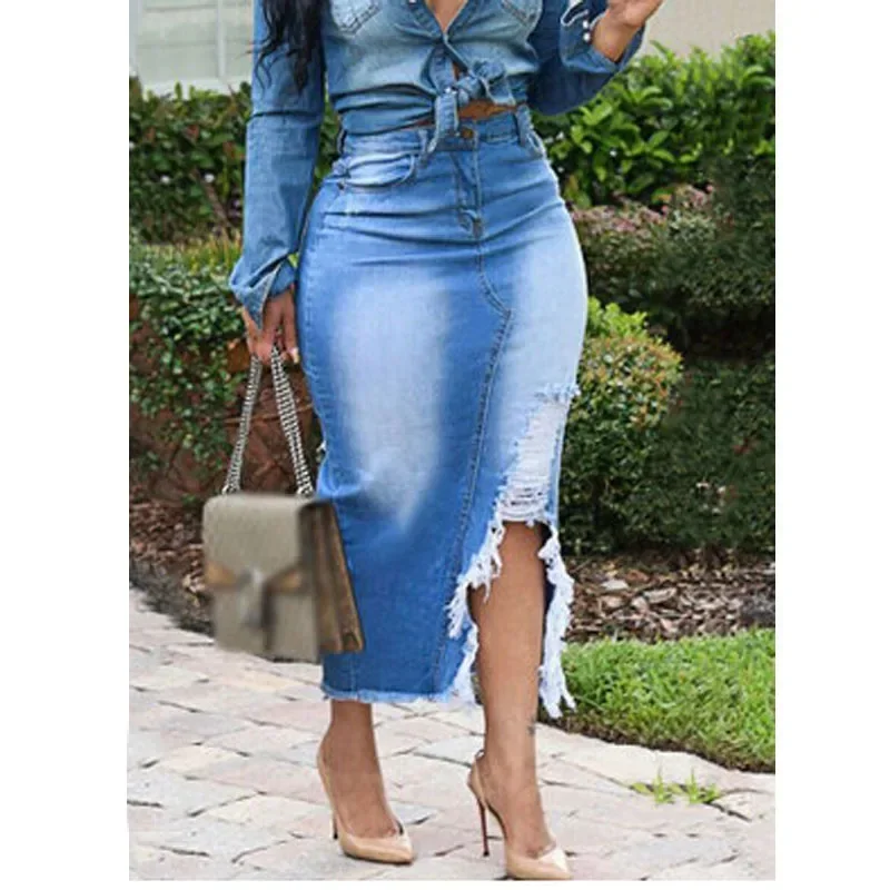 Top Trends: Fashion Vintage Washed Irregular Trendy High Waist Ripped Split Distressed Jeans Elastic Bodycon Women Skirts Denim Long Skirt Shoppable Styles