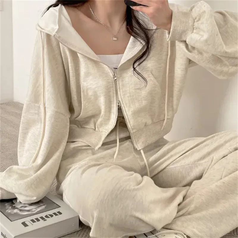 Top Trends: Women Pants Suits 2024 New Fall Korean Style Long Sleeved Zipper Top High Waist Casual Female Loose Sports 2 Piece Pants Sets Shoppable Styles