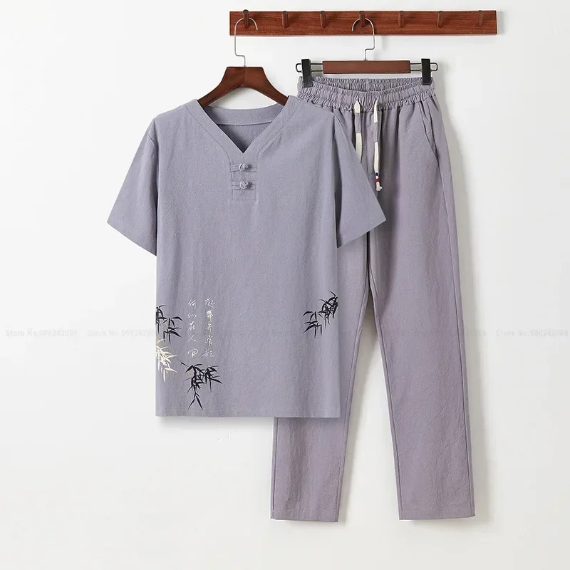 Top Trends: Linen Zen Tea Tee Tops Pants Kung Fu Uniform Oriental Fashion Casual Loose T-shirt Chinese Retro Style Tang Suit Men Trousers Shoppable Styles