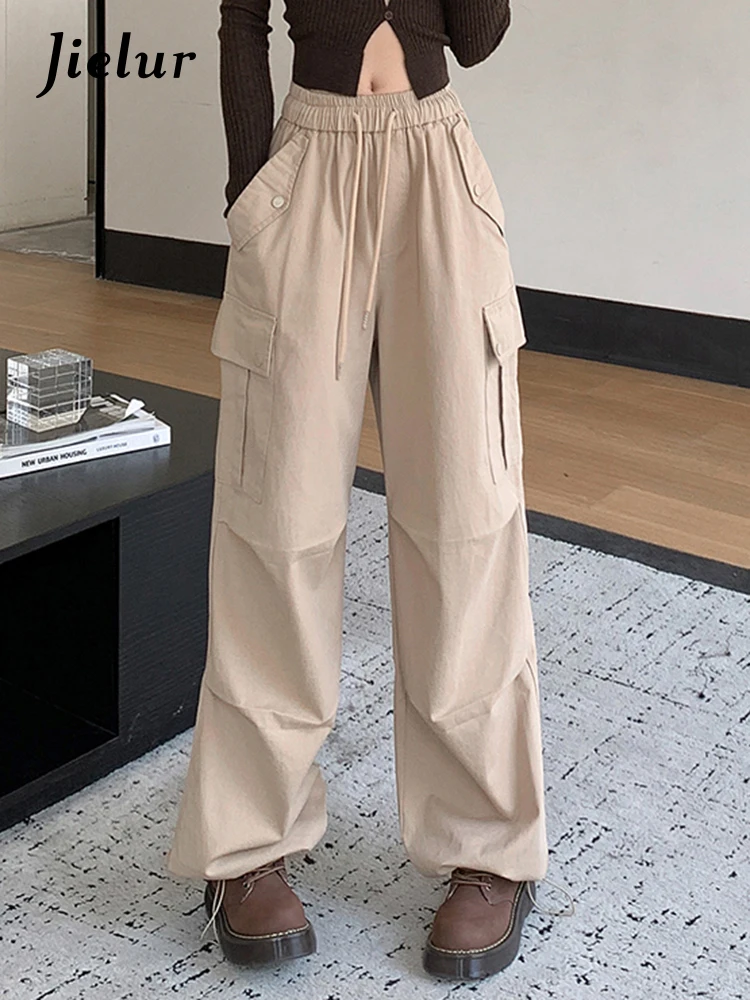 Top Trends: Jielur Khaki Slim American Female Cargo Pants Winter New High Waist Lace-up Pockets Solid Color Casual Sport Chic Women&#039;s Pants Shoppable Styles