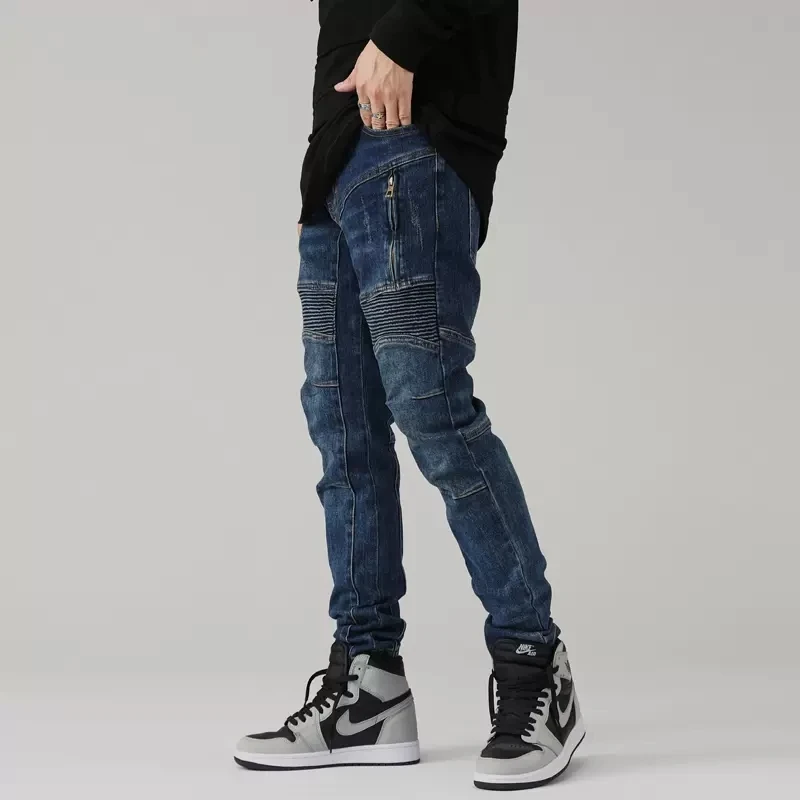 Top Trends: High Street Fashion Men Jeans Retro Blue Elastic Slim Fit Spliced Biker Jeans Men Zipper Designer Patched Hip Hop Pants Hombre Shoppable Styles