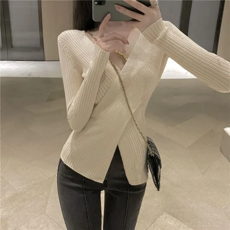 Top Trends: 2023 New Autumn And Winter Fashion Simple Slim Fit Western Sexy Cross V-neck Long Sleeve Solid Oversized Knitted Sweater Shoppable Styles