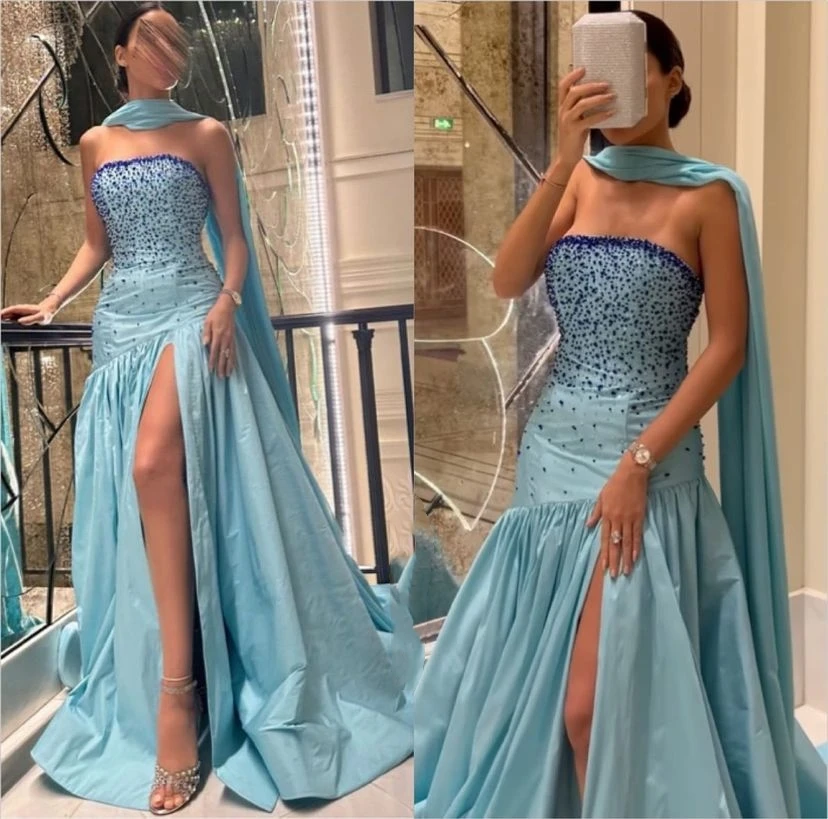 Top Trends: Strapless Evening Dress For Women Watteau Train Beadings High Side Split Wedding Party Dress Gala Saudi Arabia Women‘s Formal Shoppable Styles