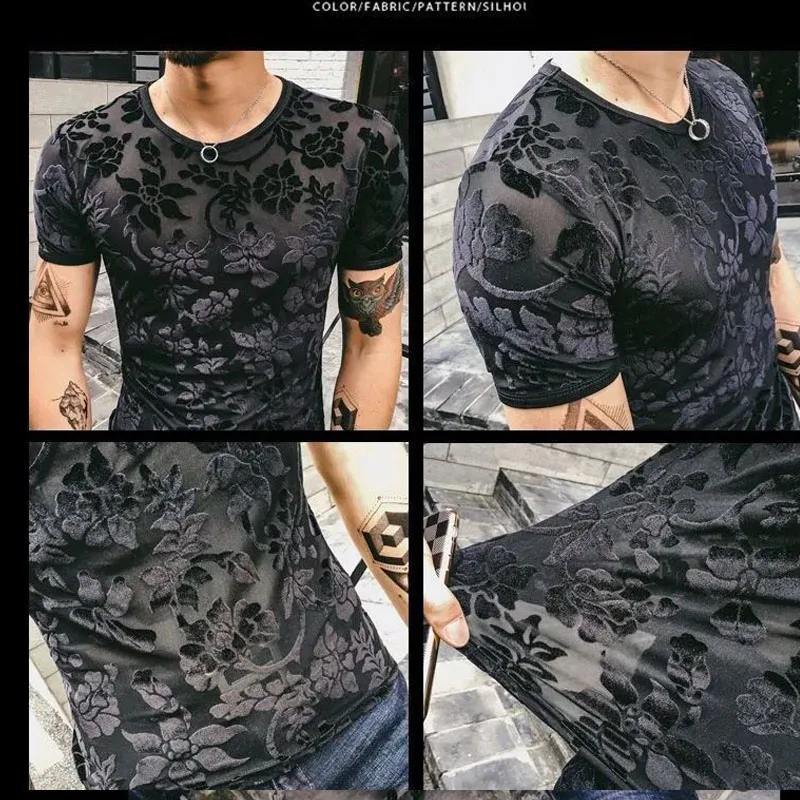 Top Trends: 2023 Summer New Velour Clothes Men's Hollow Out Breathable Tops Round Neck Slim Jacquard Weave T-shirt Shoppable Styles - Image 3