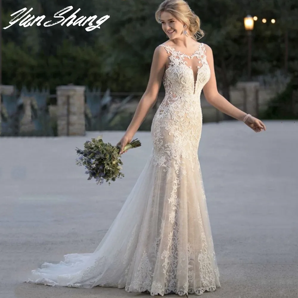 Top Trends: YunShang Luxury Mermaid Wedding Dress 2024 V-Neck With Train Sexy Backless Bride Gown Lace Applique Sleeveless Vestidos De Noiva Shoppable Styles