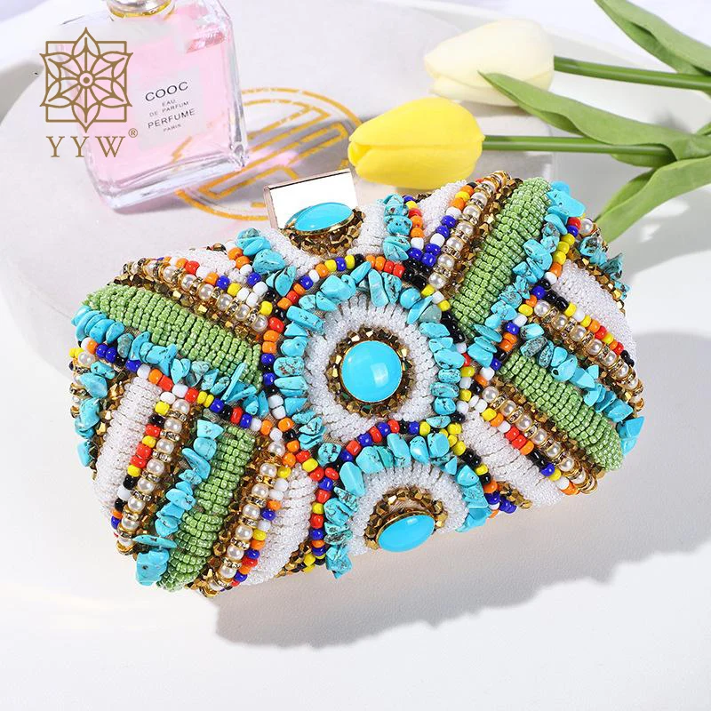 Top Trends: Bohemia Beading Evening Clutch Bag Contrast Colors Summer Hand Bags Wedding Bridal Party Purse Clutch Purse Pochette Femme 2021 Shoppable Styles