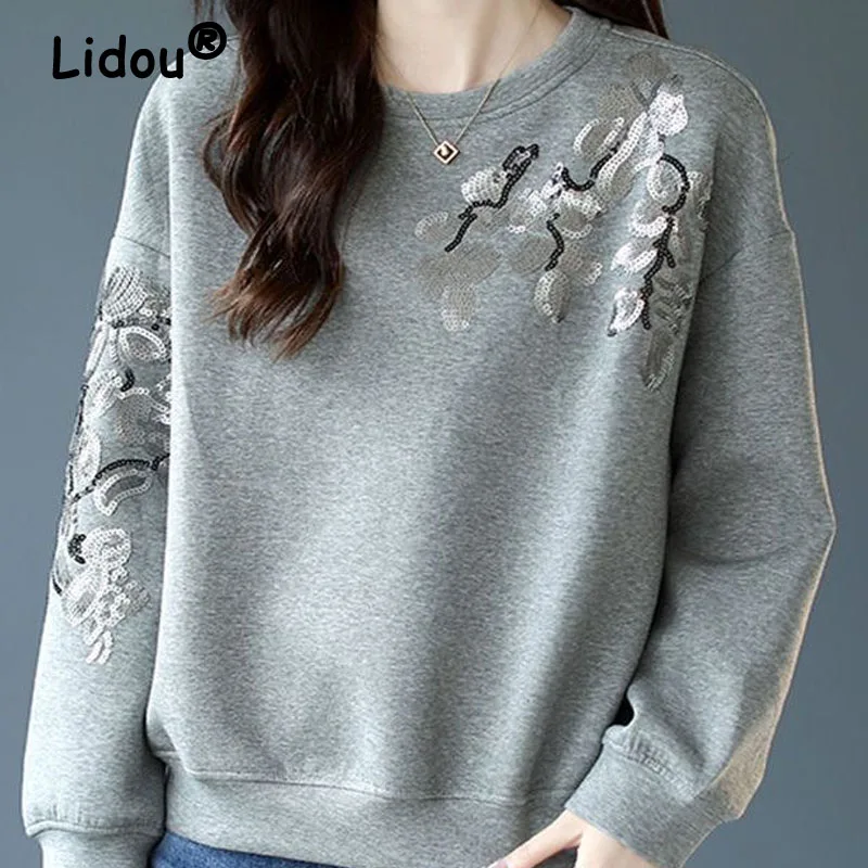 Top Trends: High Sense Japan Style Pure Cotton Gray Colour Long Sleeve Women Top Sequins Decorate Hatless O-Neck Thick Loose Sweatshirts Shoppable Styles