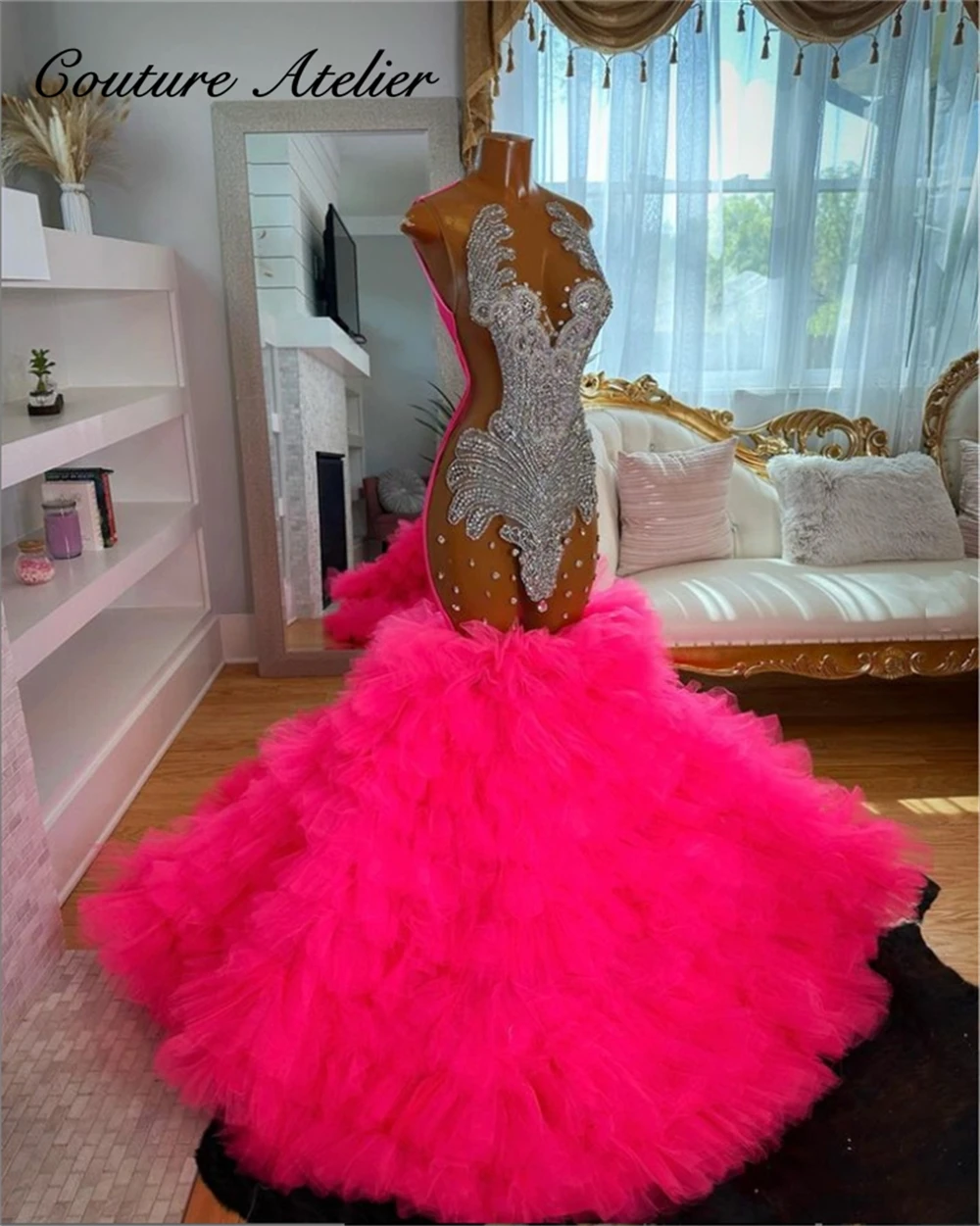 Top Trends: Hot Pink Tulle Ruched Train Prom Dresses 2024 For Black Girls Birthday Party Dress Mermiad African Evening Gown Formal Gown Shoppable Styles