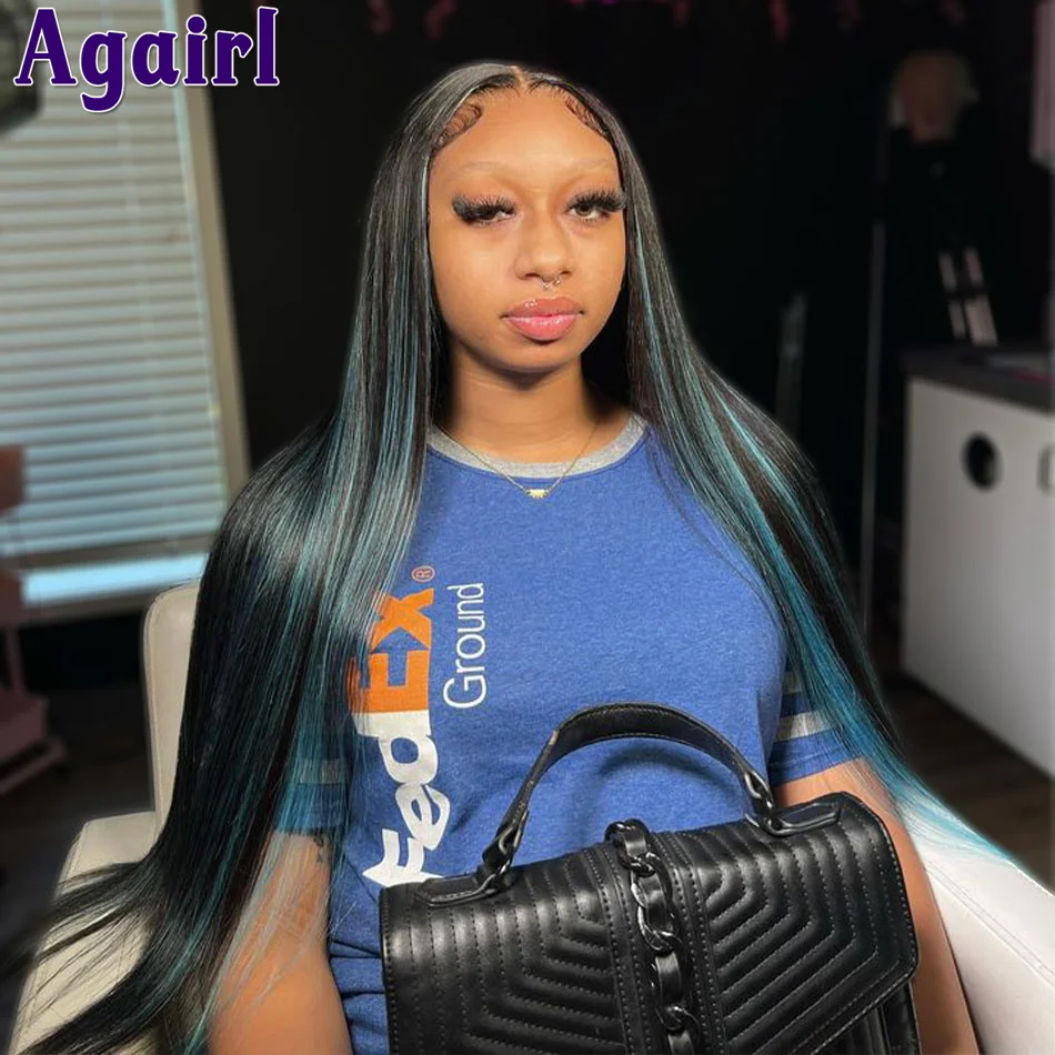 Top Trends: Sky Blue With Black Transparent 5X5 Lace Closure Wig 13X6 Highlight Bone Straight Lace Frontal Wig Glueless 13X4 Human Hair Wigs Shoppable Styles