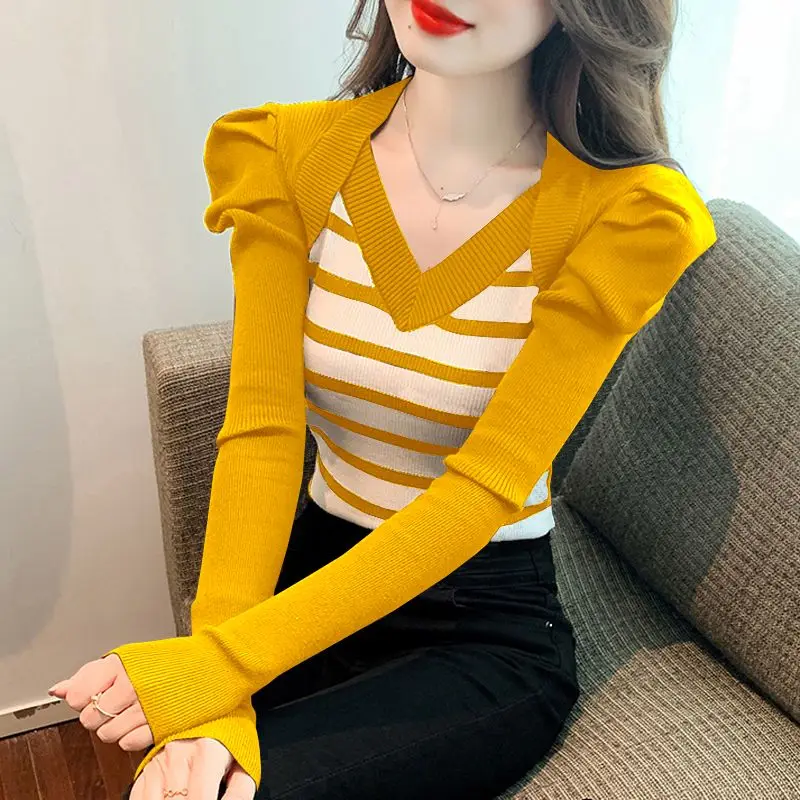 Top Trends: Fashion V-Neck Knitted Spliced Striped Blouses Women's Clothing 2023 Autumn Winter Loose All-match Tops Puff Sleeve Shirts Shoppable Styles