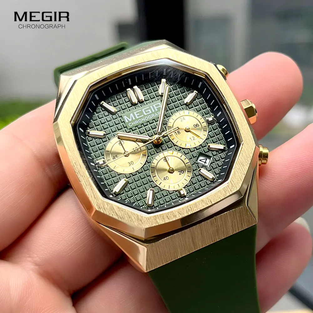 Top Trends: MEGIR Green Gold Quartz Watch Men Chronograph Sport Wristwatch With Luminous Hands Silicone Strap Date 24-hour Octagon Case Shoppable Styles